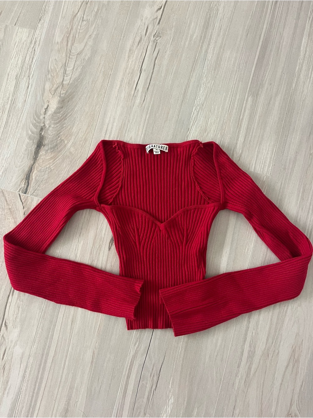 Signature Bright Red Ribbed Sweetheart Long-Sleeve Crop Top